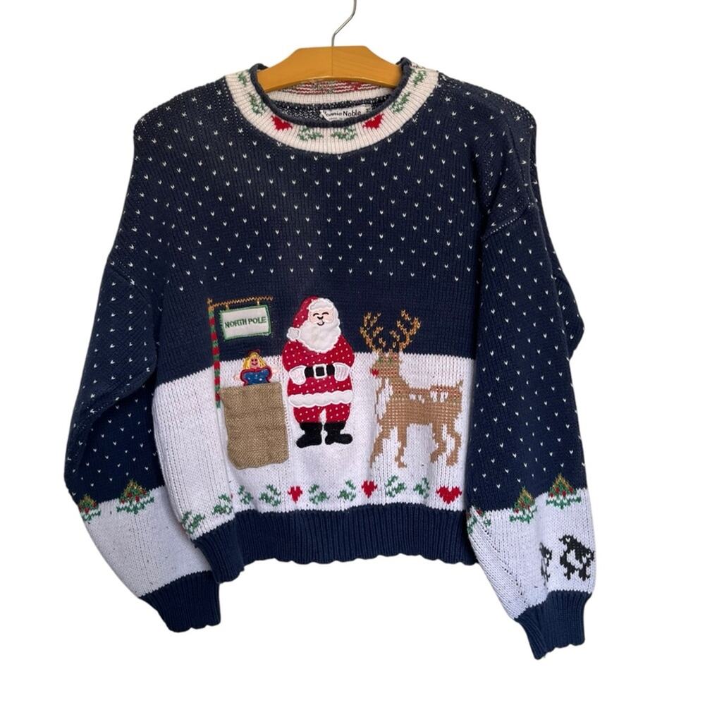 Vintage Bonnie Noble Mock Neck Christmas Santa Navy Blue Scallop Hem Sweater M